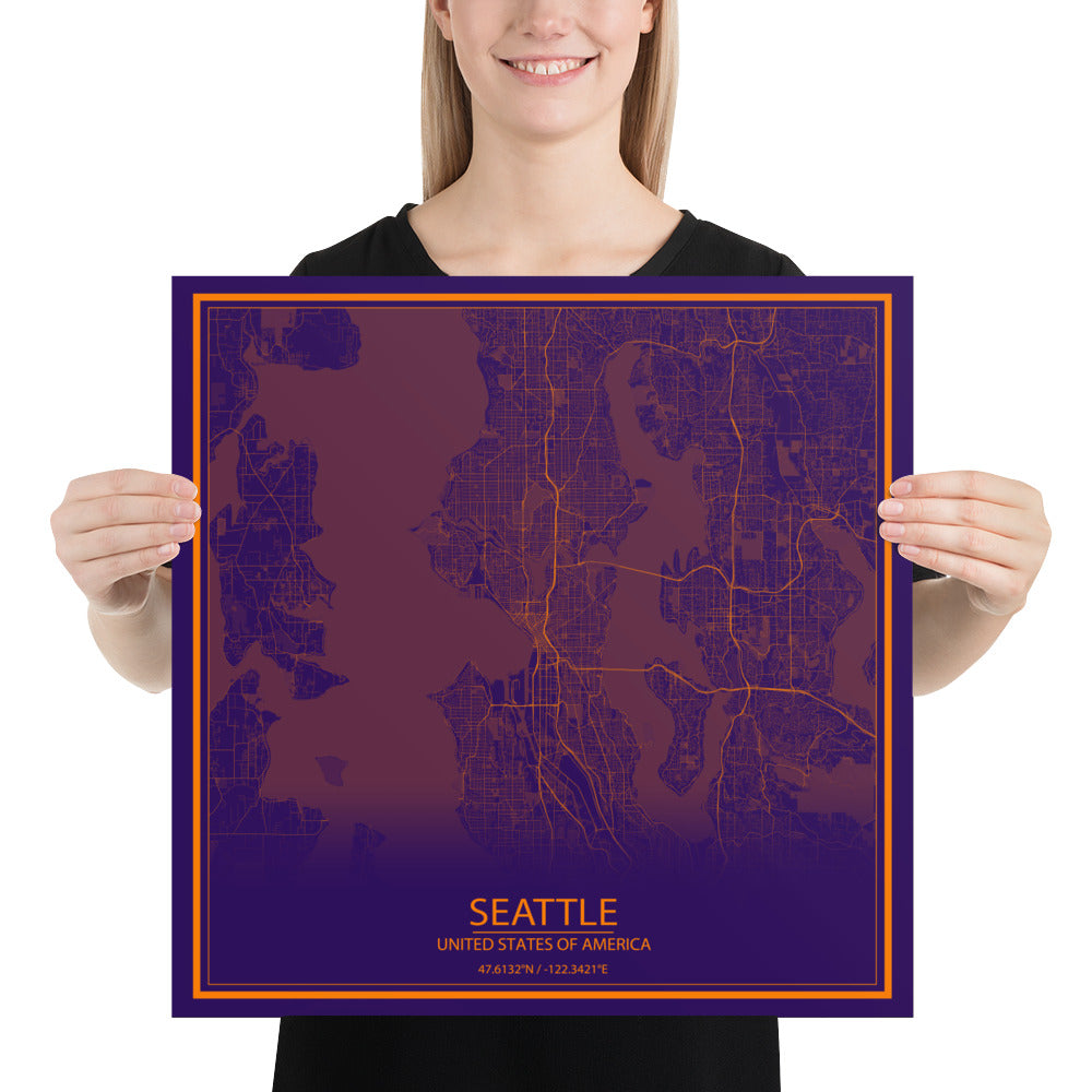 Seattle Purple and Orange Paper Map