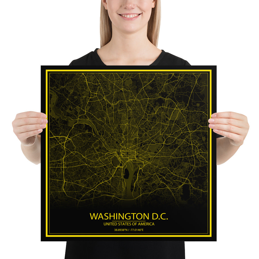 Washington, D.C. Black and Yellow Paper Map
