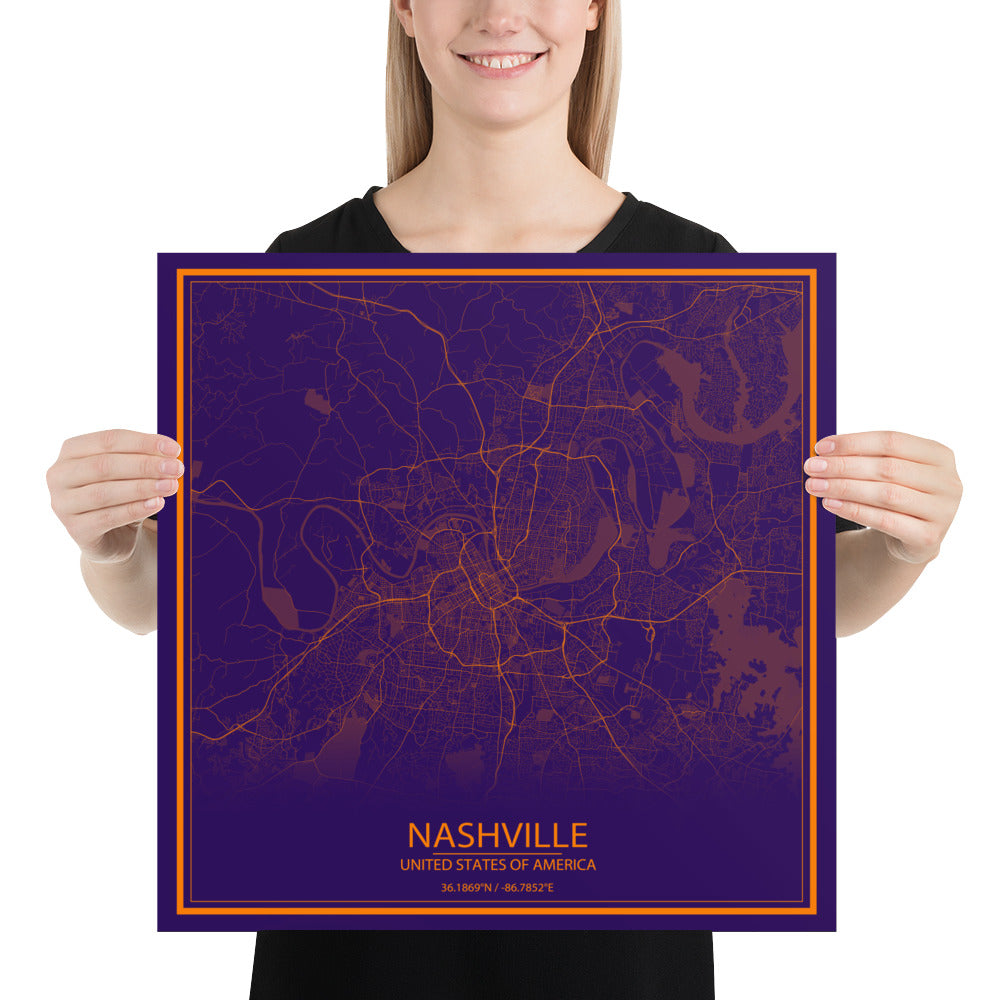 Nashville Purple and Orange Paper Map
