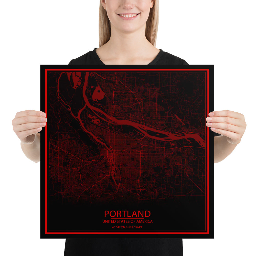 Portland Black and Red Paper Map