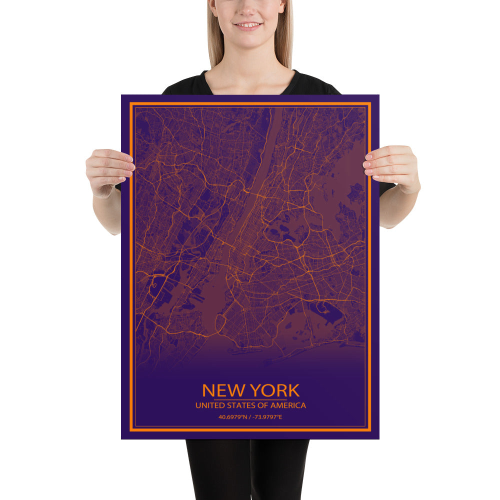 New York Purple and Orange Paper Map