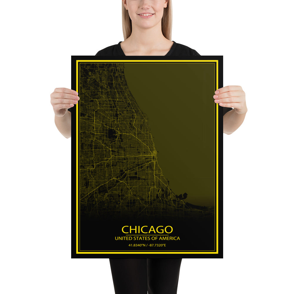 Chicago Black and Yellow Paper Map