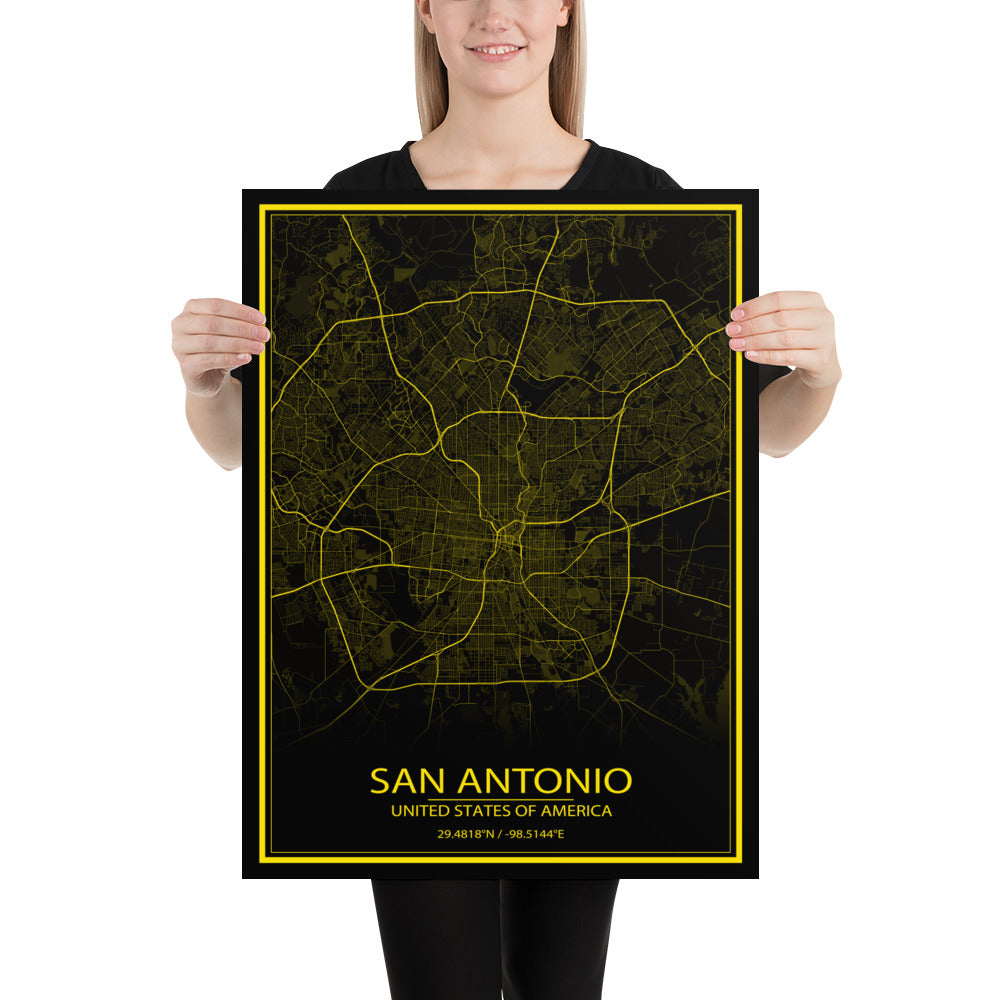 San Antonio Black and Yellow Paper Map