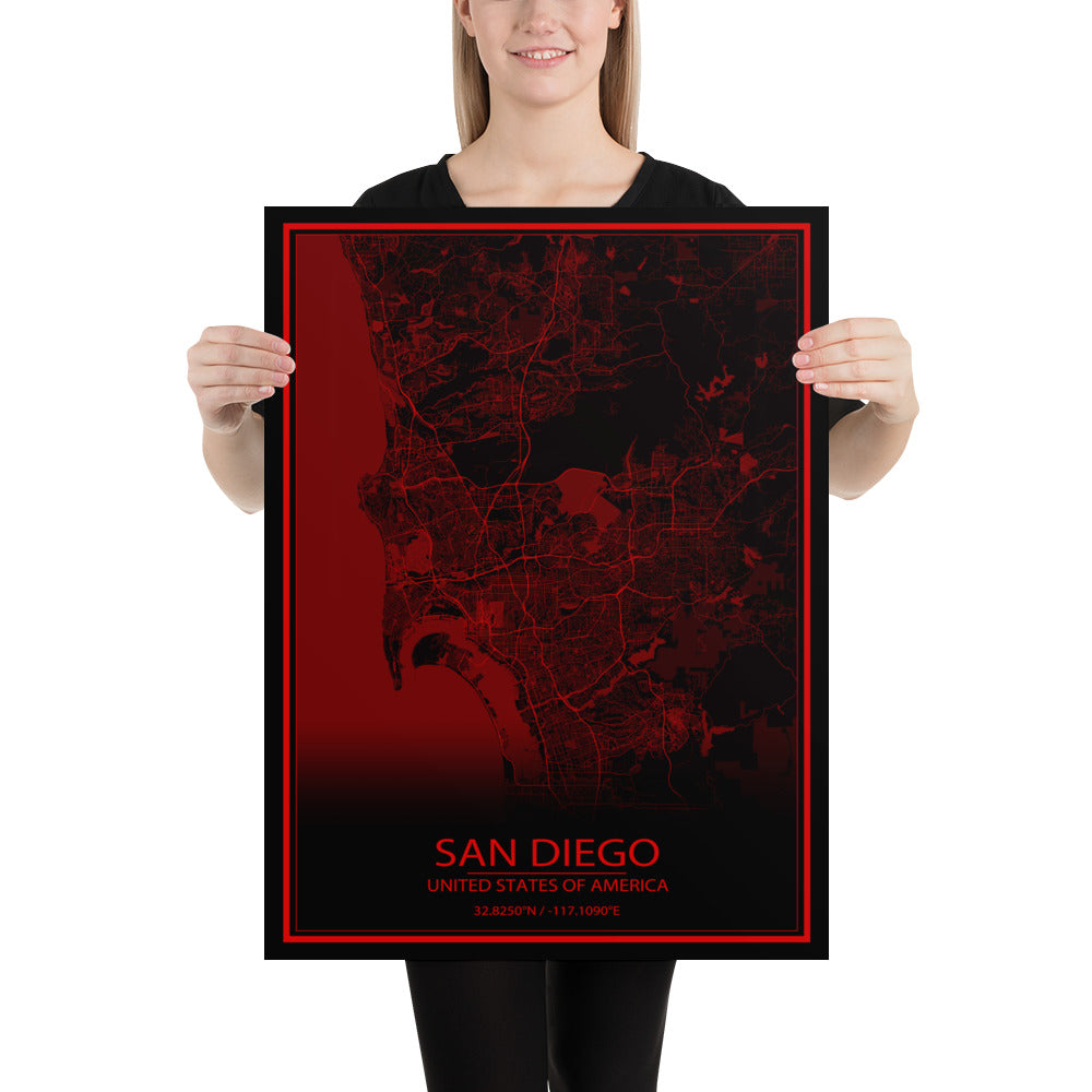 San Diego Black and Red Paper Map