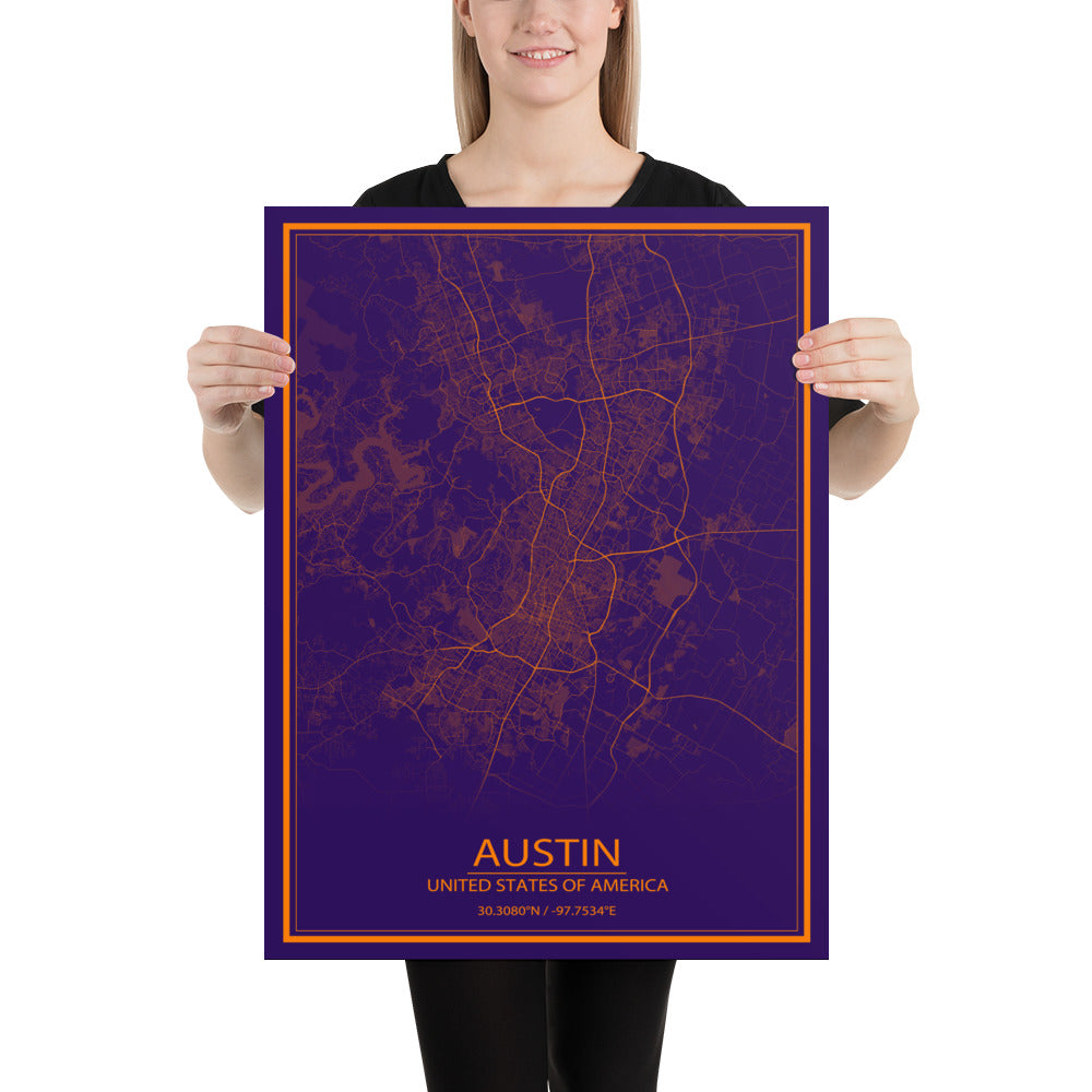 Austin Purple and Orange Paper Map