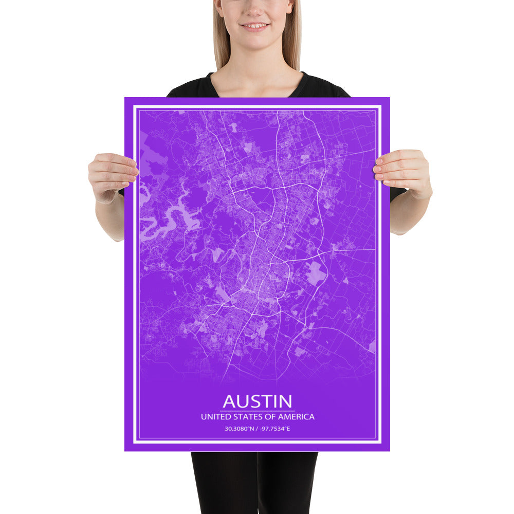 Austin Purple and White Paper Map