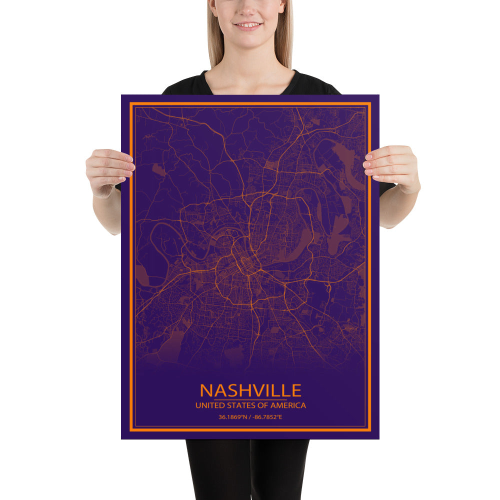 Nashville Purple and Orange Paper Map