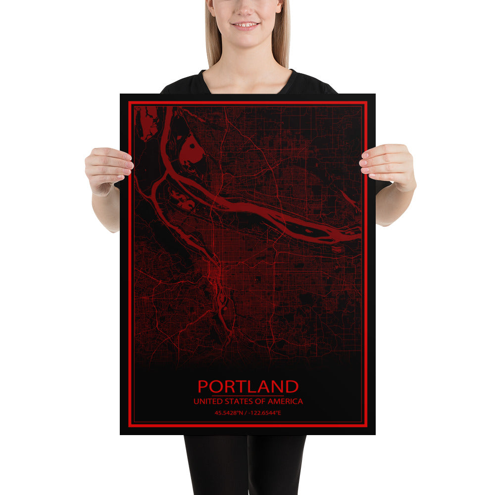 Portland Black and Red Paper Map