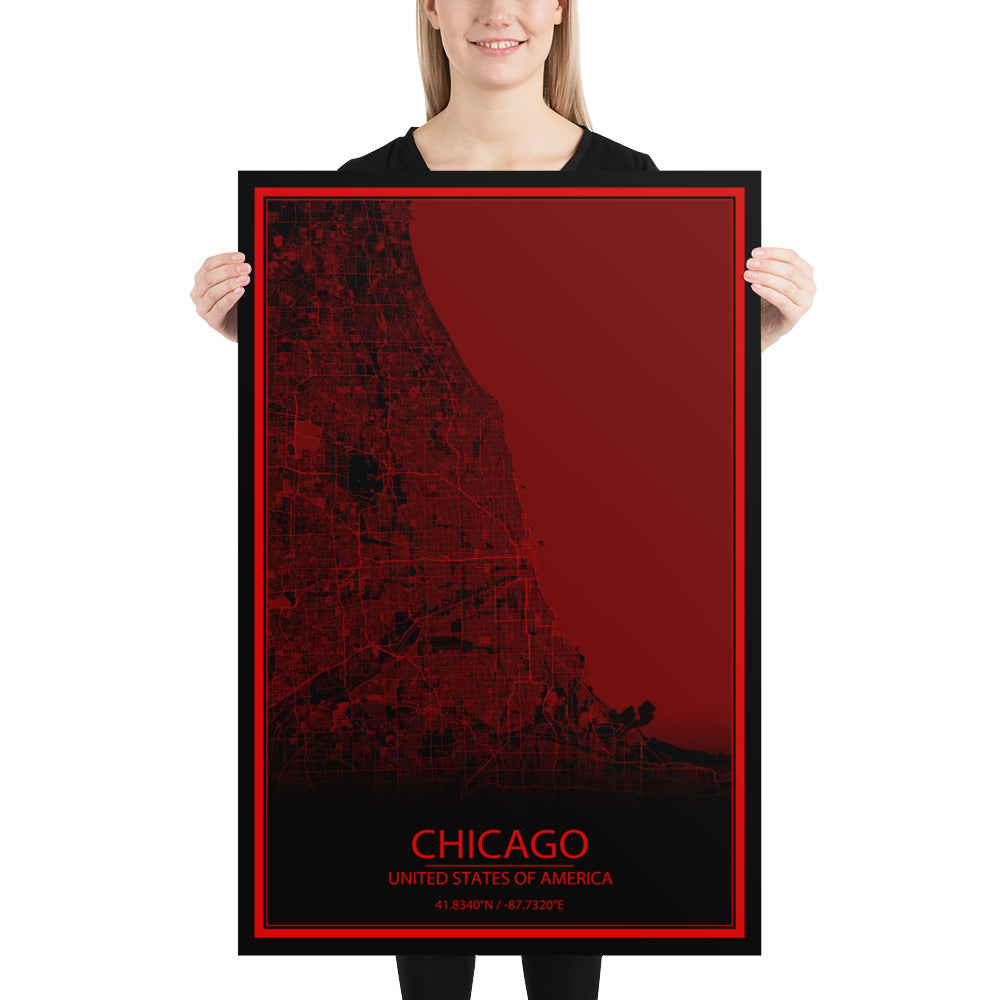 Chicago Black and Red Paper Map