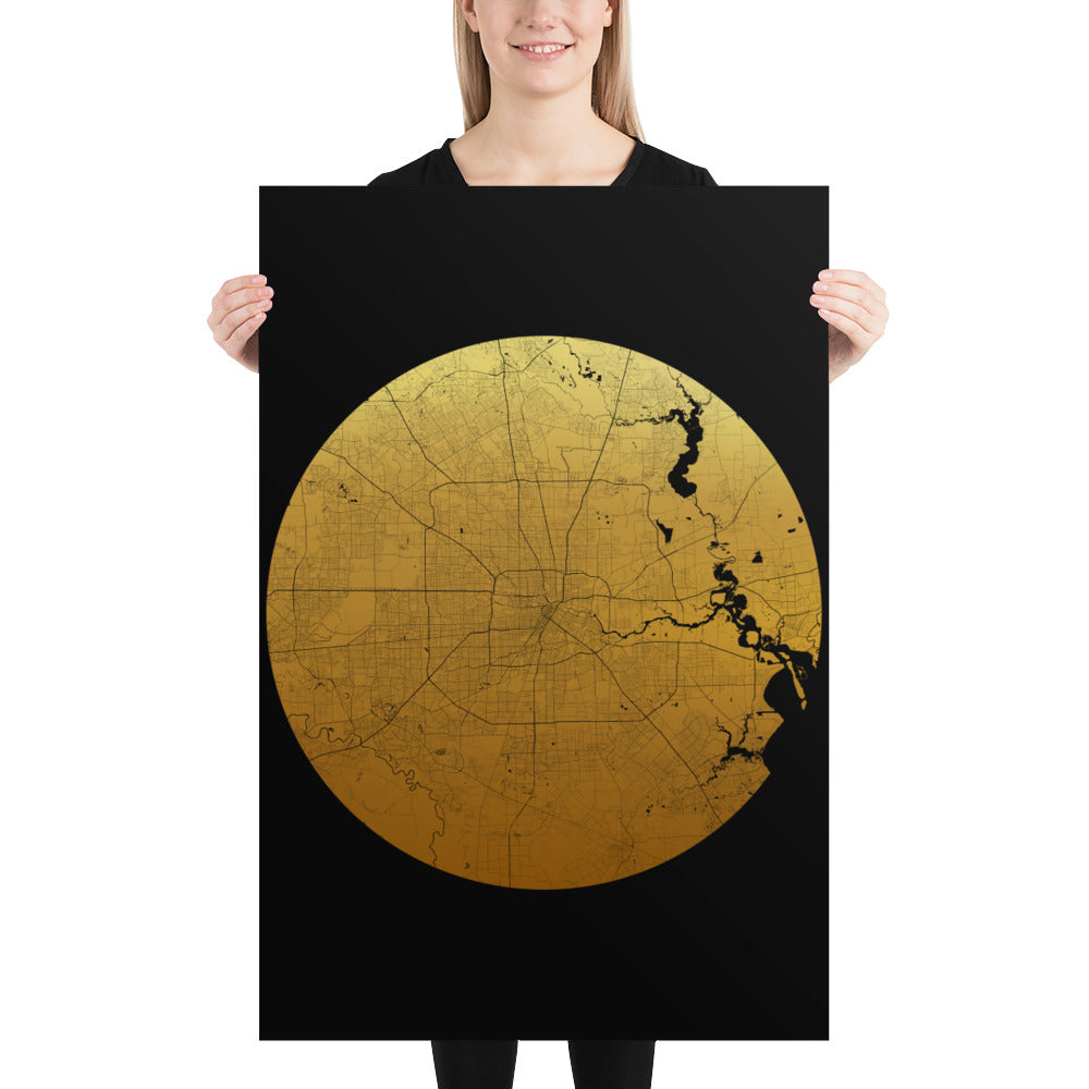 Houston Gold on Black Paper Map