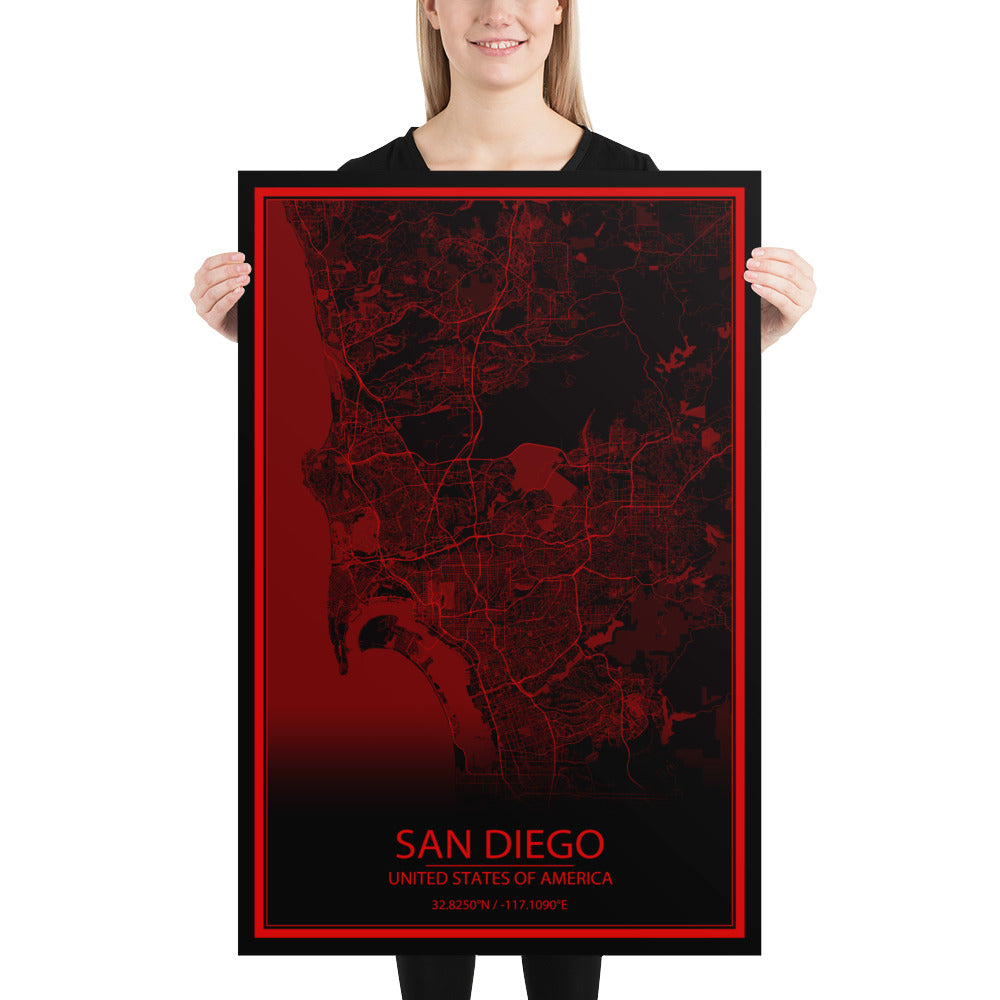 San Diego Black and Red Paper Map