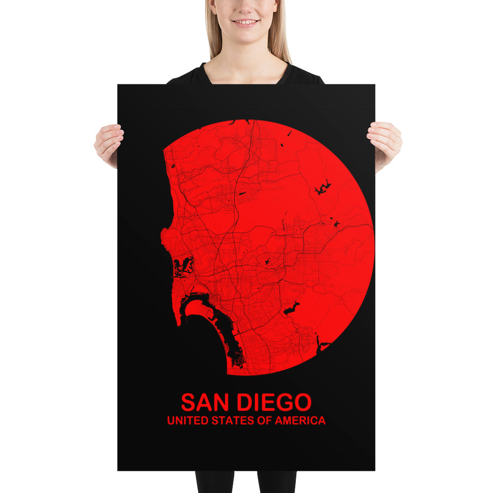 San Diego Circular Red Paper Map
