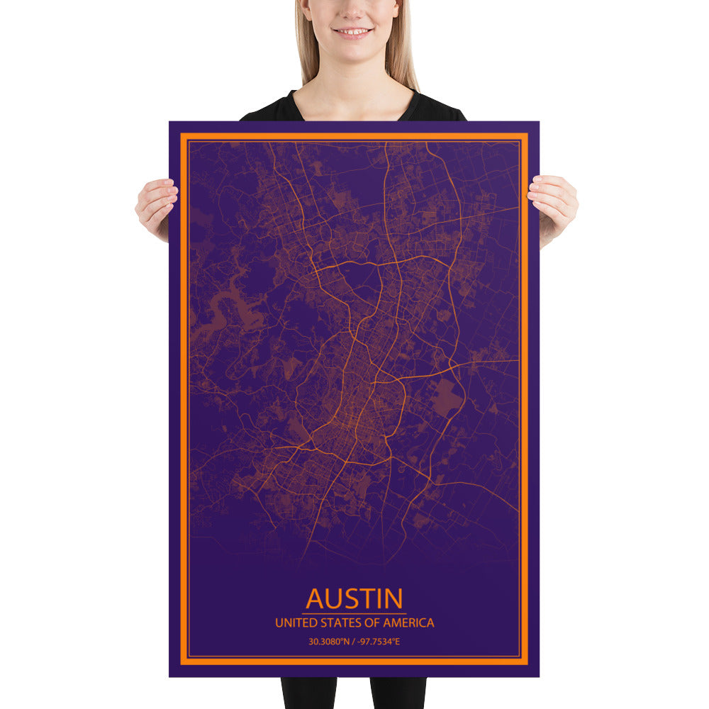 Austin Purple and Orange Paper Map