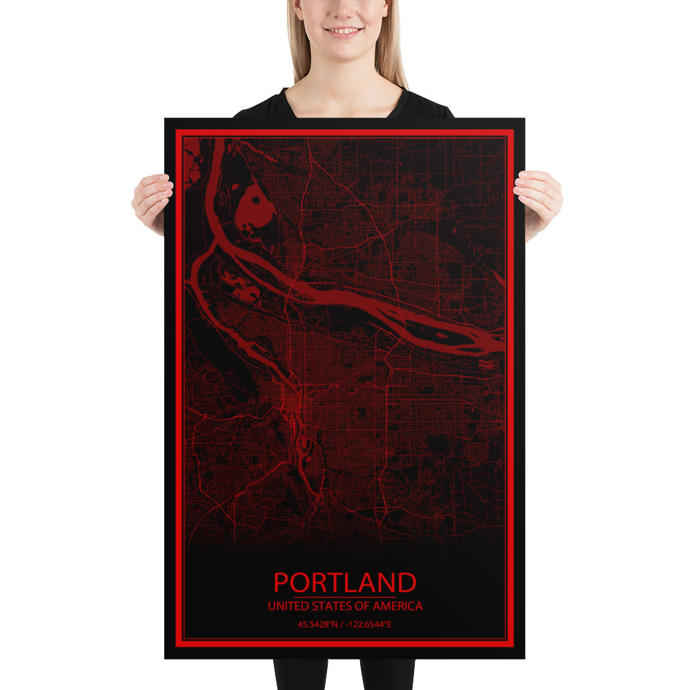 Portland Black and Red Paper Map