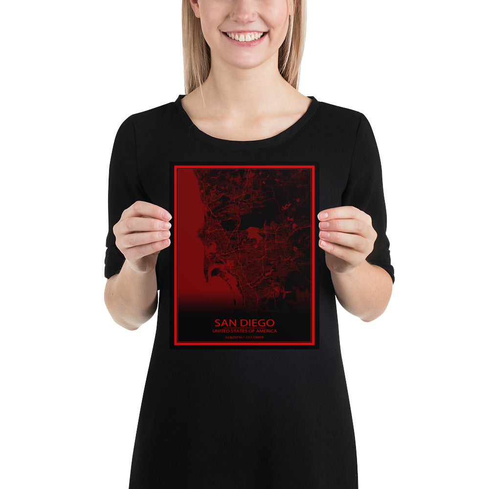 San Diego Black and Red Paper Map