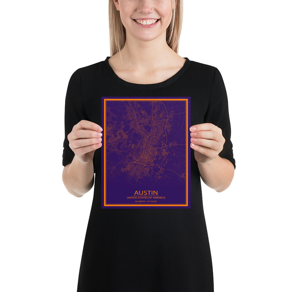 Austin Purple and Orange Paper Map