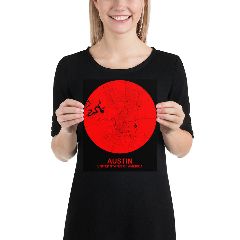 Austin Circular Red Paper Map