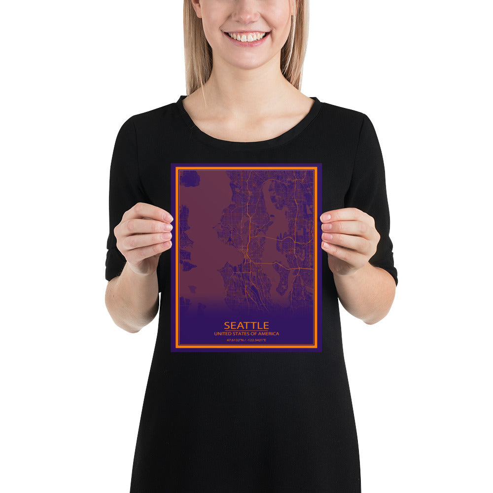 Seattle Purple and Orange Paper Map