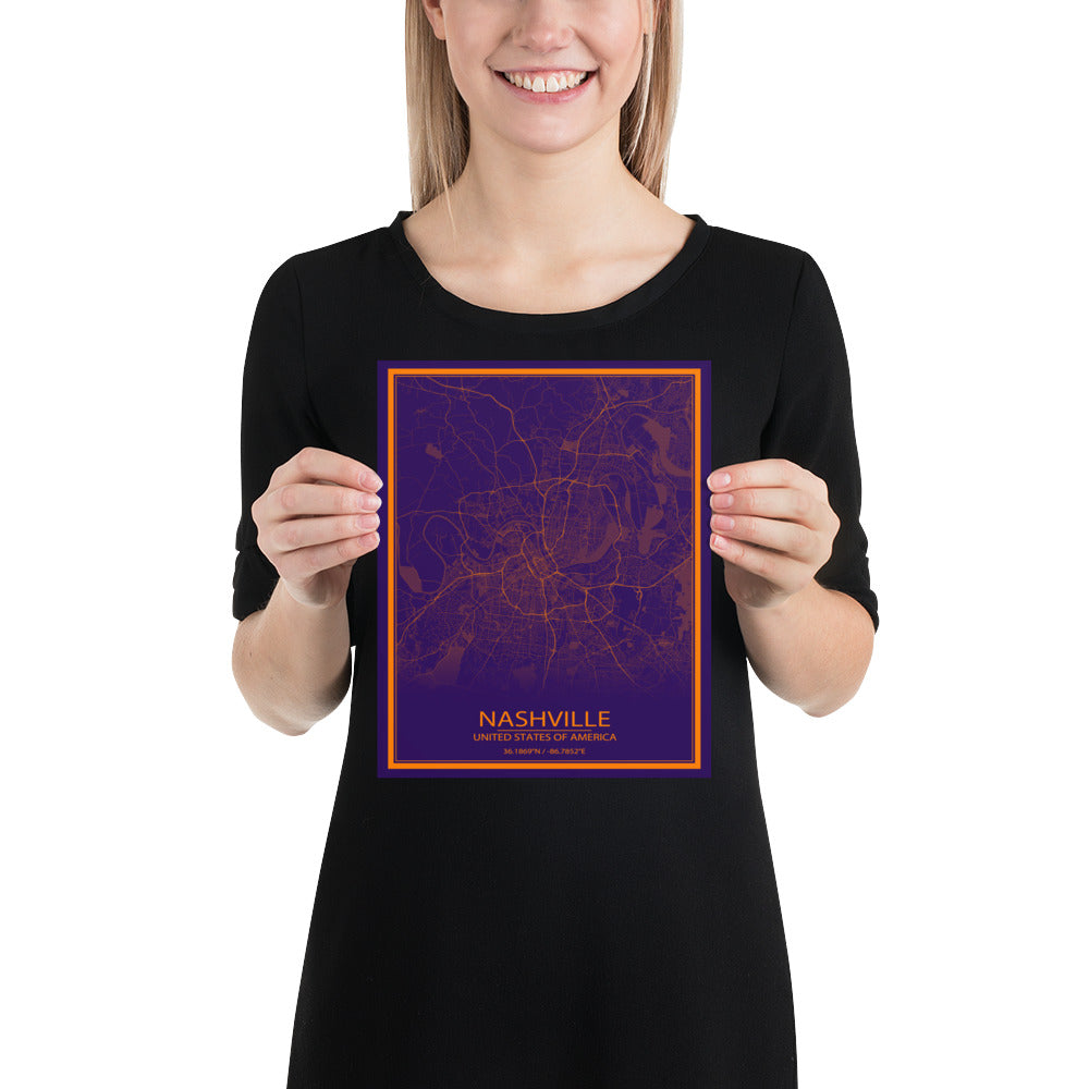 Nashville Purple and Orange Paper Map